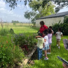 Students exploring a garden outdoors